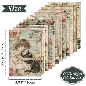 Detail of 12 vintage decorative paper sheets with floral and retro art for DIY scrapbooking