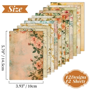 Set of 12 vintage decorative paper sheets with floral and musical patterns for DIY crafts
