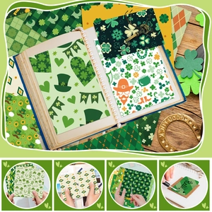 Close-up of St. Patrick's Day decorative paper with lucky shamrocks and vintage props