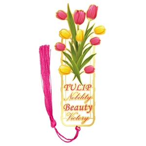 Exquisites goldenes Tulpen-Lesezeichen aus Metall mit Gravur und rosa Seidenquaste