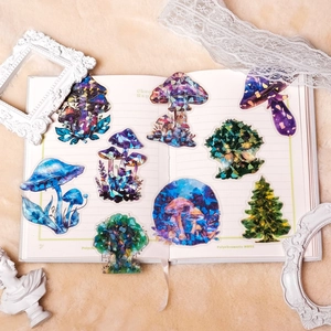 Macro view of crystal mushroom and tree PET stickers with laser holographic effects