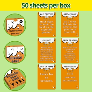 Detailed macro view of 50 Truth or Drink party game cards with orange challenge prompts
