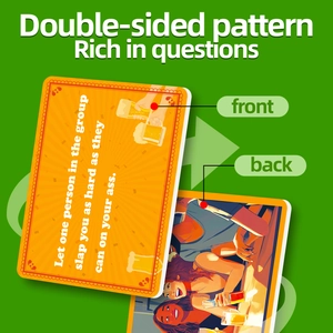 Close-up of double-sided party game cards with challenge tasks and comic illustrations