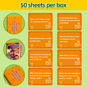 Detail view of 50 creative party game cards with orange design and English prompts