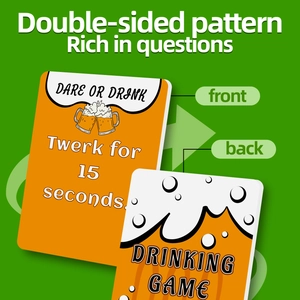 Detail showing double-sided party game cards with drinking challenges and vibrant orange design