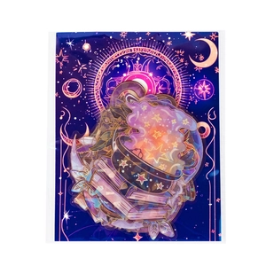 Detail of magical fairytale PET sticker featuring a glowing cauldron and starlit books