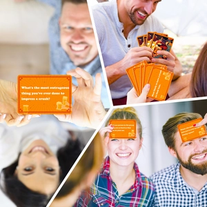 Set of 50 orange party game cards for social icebreaking and adult drinking gatherings