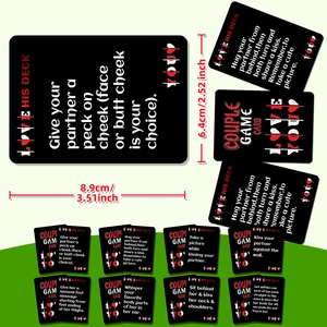 Close-up of 8.9x6.4cm couple game cards showing printed intimacy instructions