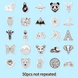 Vista dettagliata di 50 adesivi animali geometrici bianchi e neri non ripetuti su blu