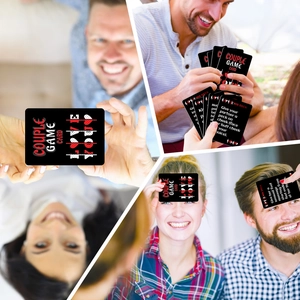 Detail shot of black couple interaction game cards featuring romantic challenges for partners