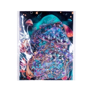 Detail of laser cold foil fairy tale PET stickers featuring mushroom and starry sky motifs