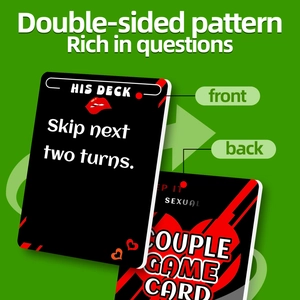 Dettaglio delle carte gioco per coppie con istruzione 'His Deck' e retro con cuori rossi