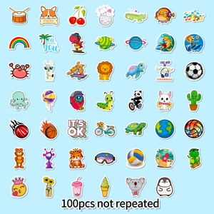 Set of 100 non-repeating waterproof cartoon stickers with cute animals and sports icons