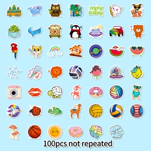 Detailed spread of 100 waterproof cartoon stickers with assorted colorful patterns