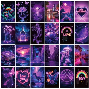 Aesthetic Purple Neon Wall Collage Kit Vaporwave Sunset City Posters For Bedroom Living Room Home Decoration Cards