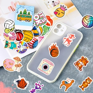 Assorted 4cm waterproof doodle stickers shown on a phone case and blue background