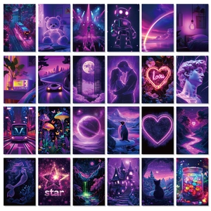 Detailed grid of 24 aesthetic purple neon art cards with urban and sci-fi themes