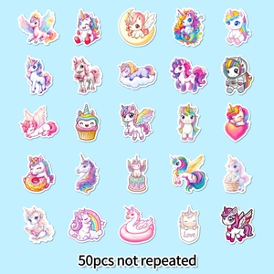 Detail view of 50pcs dreamy unicorn stickers with rainbows and cupcakes in macaron colors