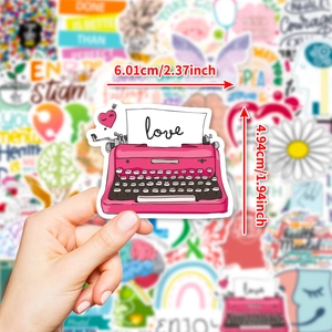 Pink typewriter mental health sticker with heart and love text, size 6.01 x 4.94 cm