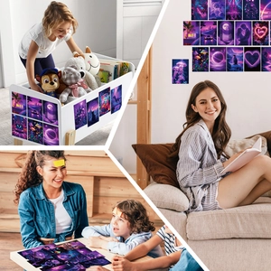 Close-up of purple sunset wall decor cards showing heart neon and star patterns