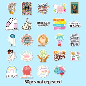 Set of 50 mental health stickers with inspirational phrases and colorful illustrations