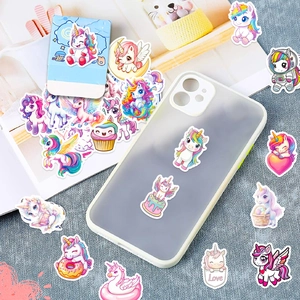 Detail of cute dream unicorn waterproof stickers applied on a frosted phone case