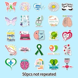 Tiled view of 50 mental health stickers featuring floral brain and heart designs