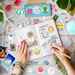 Set of 49 colorful mental health stickers for journaling and laptop decoration
