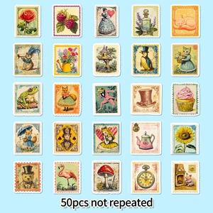 Detailed grid view of 50 unique vintage stamp-style stickers with retro animal and floral art