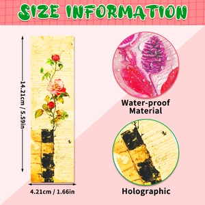 Detalle macro de marcapáginas holográficos vintage con rosas resistentes al agua