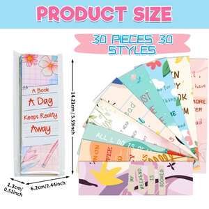 30-piece set of macaron-colored floral bookmarks with inspirational quotes and dimensions