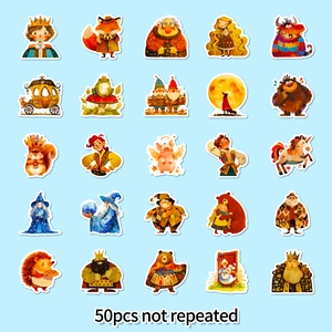 Detailed grid view of 50 non-repeating hand-drawn fairy tale cartoon stickers
