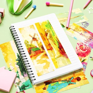 Vista plana de marcapáginas vintage retro con varias ilustraciones artísticas en un cuaderno