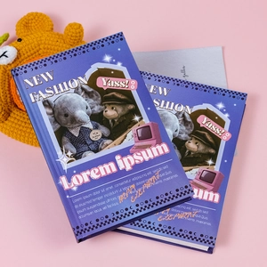 Purple vintage aesthetic notebooks with cute doll prints and pink artistic illustrations