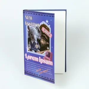Close-up of a purple wavy hardcover notebook featuring retro doll graphics and cream pages