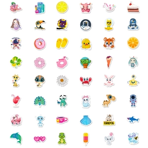Lot de 48 autocollants mignons de dessins animés d'animaux, espace et nourriture sur blanc