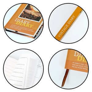 Detail view of vintage diary with orange sunset cover, lined pages and silk bookmark