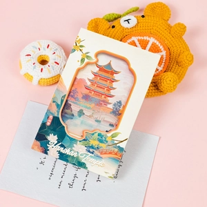 Exquisite 3D paper carving card featuring Hanshan Temple with intricate laser-cut layers