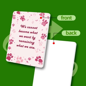 Close-up of front and back views of floral greeting cards with pink paw print patterns