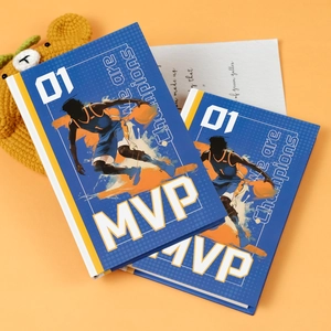 Creative basketball theme notebooks set with MVP illustrations and blue hardcover finish