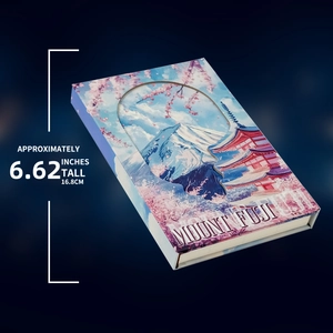 Detail view of Mount Fuji themed notebook with dimensions shown at 6.62 inches tall