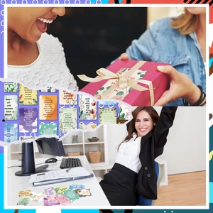 Macro view of floral motivational mini cards used as gift tags and workspace decor