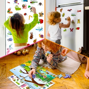 Kids insect stickers shown applied to windows, fridges, and educational pond scene background