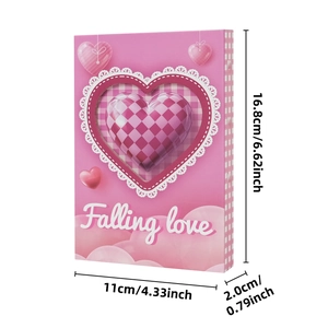 Detail view of pink notebook with lace heart frame and dimensions 16.8x11x2cm