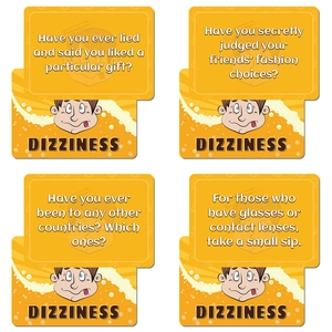 Bright yellow party card game set with funny cartoon icons for social gatherings and drinking events