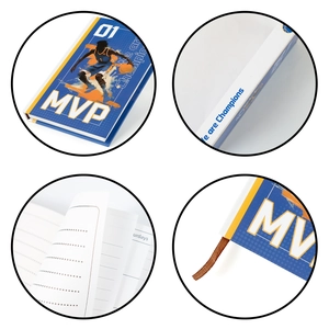 Detailed views of basketball notebook cover, MVP motifs, lined pages, and bookmark ribbon