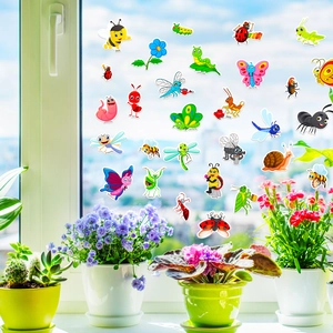 Detail of colorful waterproof insect stickers like bees and butterflies on a glass window
