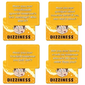 50 yellow Dizziness party game cards with social challenges and cartoon illustrations