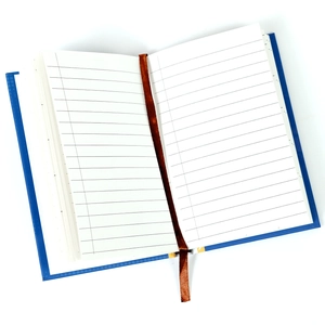 Detail of lined inner pages and dark brown ribbon bookmark of the blue basketball notebook