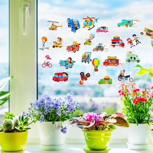 Waterproof cartoon transportation stickers featuring school bus and helicopter on window